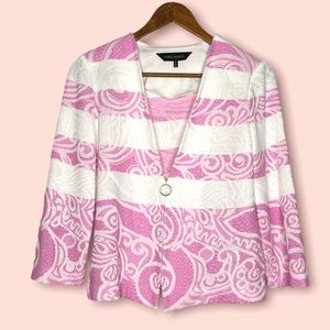 MING WANG Women's Pink Cardigan Knit Acrylic Scroll Stripe Size Small